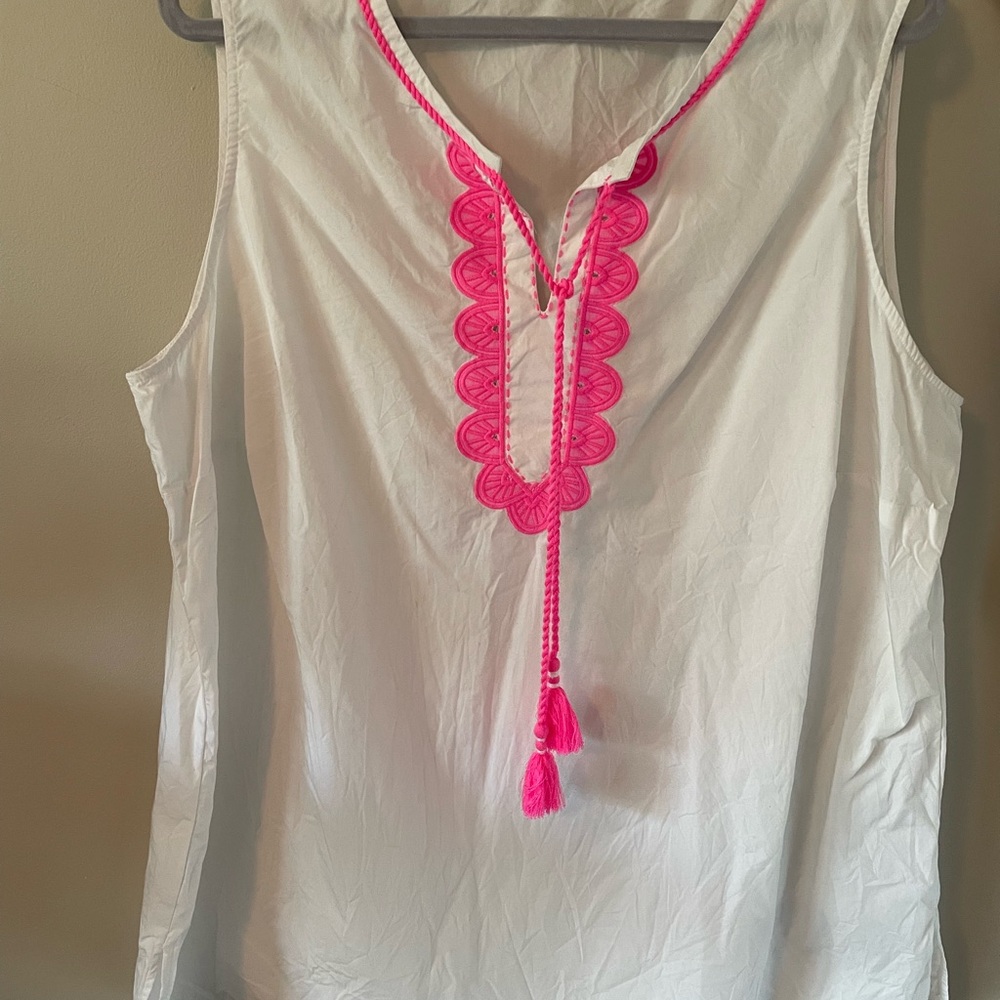 Talbots Women’s White Sleeveless Tunic with Hot Pink Embroidered Tassel Trim